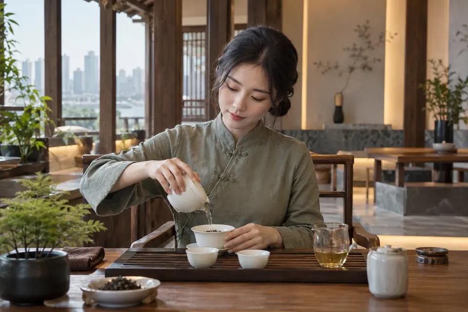新中式茶席上用盖碗冲泡岩茶