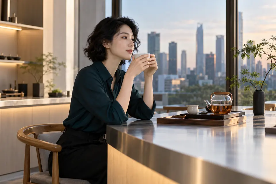 现代设计茶吧内，年轻女性持白瓷茶具品饮岩茶